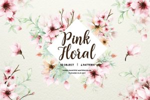粉色樱花花卉水彩手绘设计套装 Pink Floral – Sakura Watercolor Set