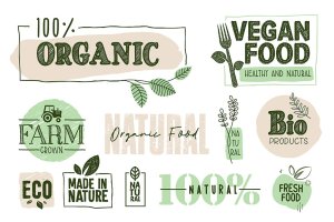 有机食品标志标识和元素设计素材 Organic Food Signs and Elements Collection