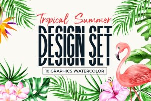 热带雨林植物水彩手绘插画PNG素材 Tropical Summer Design Set