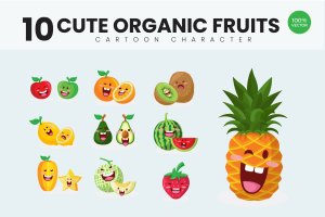 10个有机水果可爱卡通形象设计矢量插画v2 10 Cute Organic Fruits Vector Illustration Vol.2