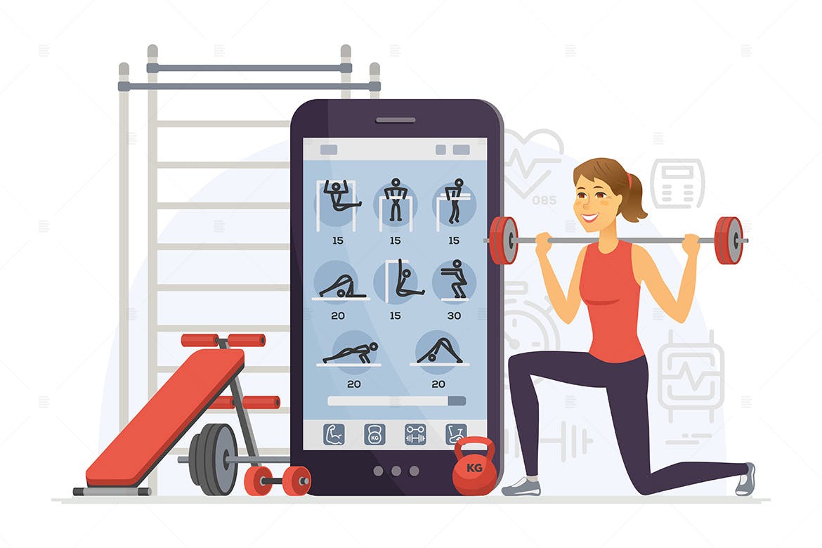 健身APP专用现代矢量卡通女生人物插图图标 Fitness app – cartoon character illustration