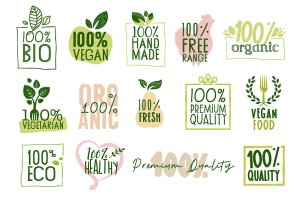 有机食品标志标签和徽章设计模板素材 Organic Food Labels and Badges Collection