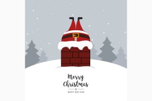 烟囱里的圣诞老人矢量插画素材 Santa claus stuck in chimney winter snowy