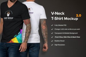 男士V领T恤设计模特上身服装效果图样机模板 T-shirt Mockup