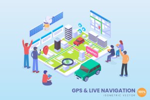GPS和实时地图导航场景2.5D矢量等距概念插画 Isometric GPS & Live Navigation Vector Concept