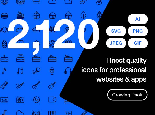 2120枚网站&APP设计师必备的矢量线性图标集 Ultimate Icons Growing Pack