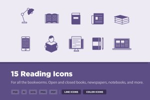 15枚图书阅读主题矢量图标素材 15 Reading Icons