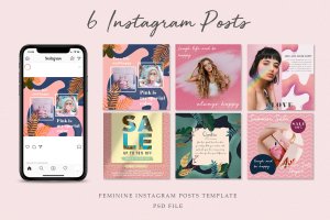 女性服装商店折扣促销Instagram帖子设计模板 Feminine Instagram Posts
