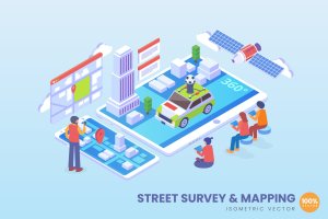 街道测量&地图制图2.5D矢量等距概念插画 Isometric Street Survey And Mapping Vector Concept