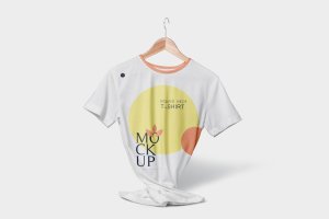 圆领T恤正面印花设计多角度预览图样机 Round Neck T-Shirt Mockups