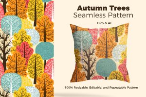 金黄色秋季树木手绘插图图案 Autumn Trees Pattern