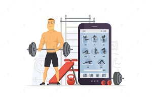 健身APP专用现代矢量卡通男生人物插图图标 Fitness app – cartoon character illustration