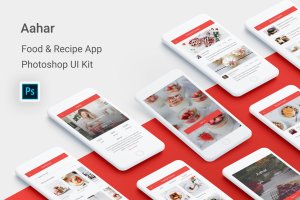 美食&食谱APP应用UI用户交互界面设计PSD模板 Aahar – Food & Recipe UI Kit for Photoshop