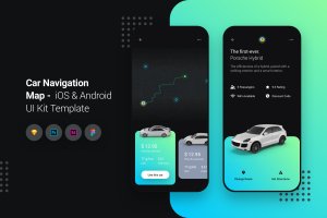 iOS/Android平台汽车导航APP应用UI设计套件 Car Navigation Map iOS & Android UI Kit Template