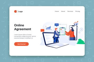 在线协议签订网站首页设计矢量插画素材 Online Agreement flat concept for Landing page