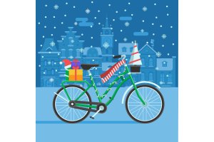 圣诞礼物自行车矢量插画设计素材 Winter Bike With Christmas Gifts