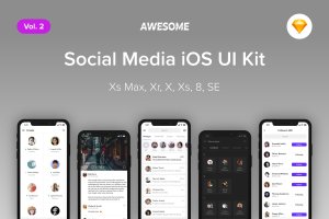 iOS平台APP应用社交媒体界面设计UI套v2[Sketch] Awesome iOS UI Kit – Social Media Vol. 2 (Sketch)