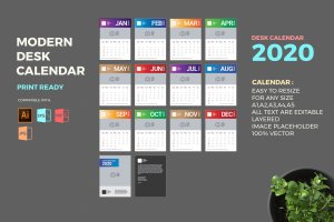 现代简约设计风格2020年台历设计模板 Modern 2020 Desk Calendar Pro