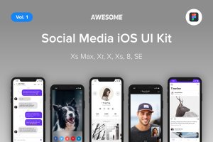 iOS平台社交类APP应用交互界面设计UI套件Figma模板v1 Awesome iOS UI Kit – Social Media Vol. 1 (Figma)