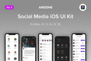 iOS平台社交类APP应用交互界面设计UI套件Figma模板v2 Awesome iOS UI Kit – Social Media Vol. 2 (Figma)