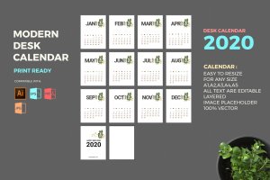 水彩花卉点缀2020年台历日历表设计模板 Modern 2020 Desk Calendar Pro