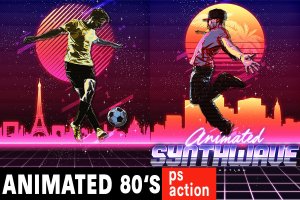 80年度复古人物海报设计效果PS动作 Animated 80’s Synthwave Poster – Photoshop Action