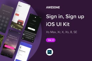 iOS应用APP注册登录交互界面设计UI套件PSD模板v2 Awesome iOS UI Kit – Sign in, Sign up Vol. 2 (PSD)