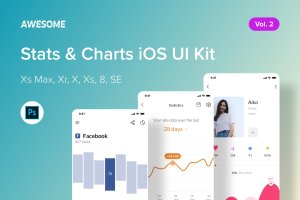 iOS平台数据统计APP应用交互界面设计PSD模板v2 Awesome iOS UI Kit – Stats & Charts Vol. 2 (PSD)