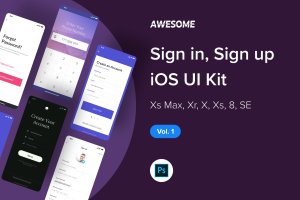 iOS应用APP注册登录交互界面设计UI套件PSD模板v1 Awesome iOS UI Kit – Sign in, Sign up Vol. 1 (PSD)