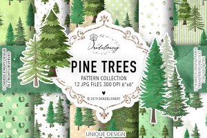 松树水彩手绘图案数码纸张设计素材 Pine trees digital paper pack