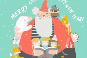 圣诞老人与小孩阅读常见矢量手绘插画 Santa Claus reading books with happy kids and anim