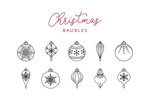 10枚圣诞装饰球线性图标素材 10 Christmas Ball Doodle Line Icons