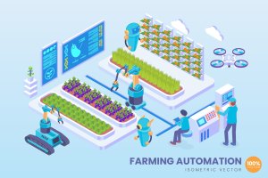 有机农业自动化科技主题等距矢量概念插画素材 Isometric Organic Farming Automation Vector