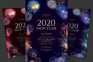五彩烟花背景2020新年海报传单设计模板 New Year Flyer