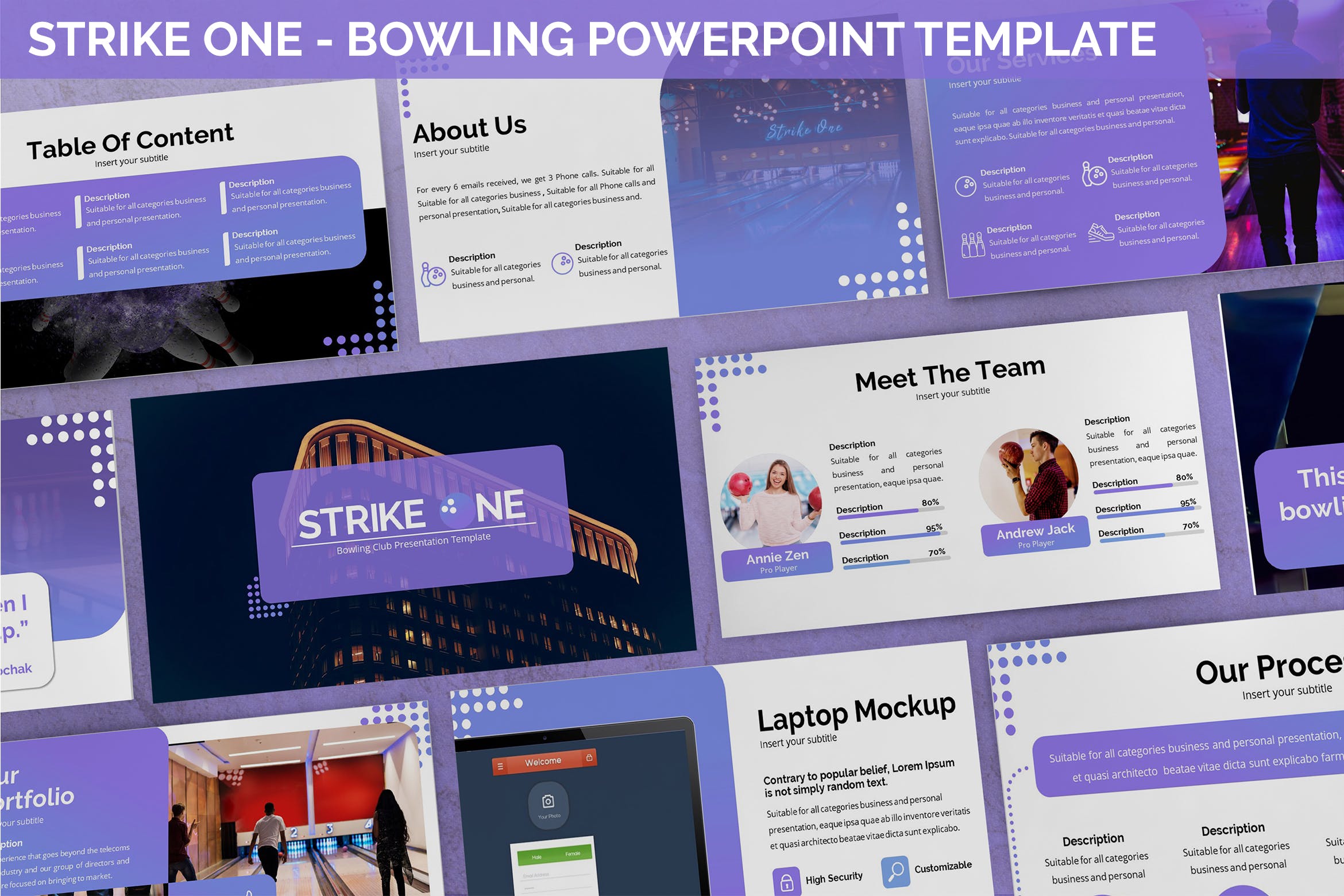 渐变紫现代主题演示文稿PPT模板 Strike One – Bowling Powerpoint Template