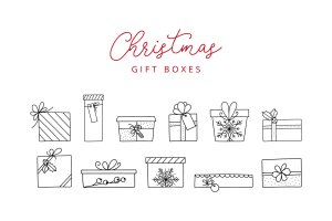 11枚圣诞礼品盒线性图标素材 11 Christmas Gift Box Doodle Line Icons