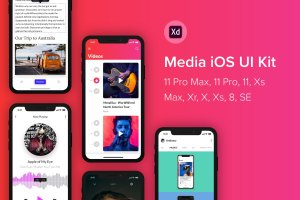 iOS平台多媒体APP应用UI设计套件XD模板 Media iOS UI Kit (Adobe XD)