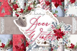 冬季驯鹿数码纸图案设计素材 Deer Winter digital paper pack