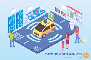 AI智能驾驶技术等距矢量概念插画素材 Isometric Autonomous Vehicle Technology Vector