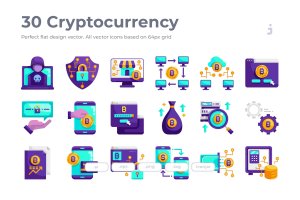 30枚加密货币主题扁平化矢量图标 30 Cryptocurrency Icons – Flat