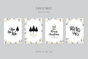 圣诞树&圣诞祝福语圣诞节贺卡矢量设计模板集 Christmas Greeting Vector Card Set