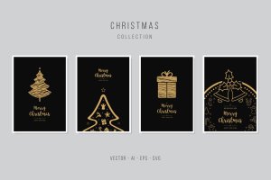 金色手绘图案背景圣诞节贺卡矢量设计模板集 Christmas Greeting Vector Card Set