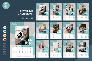 团队风采剪影2020年日历表设计模板 Teamwork Calendar 2020 Calendar – AI, DOC, PSD
