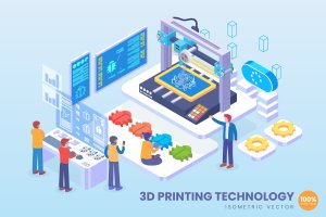 3D打印技术等距矢量科技概念插画v1 Isometric 3D Printing Technology Vector Concept