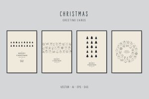 圣诞树&圣诞节元素手绘图案圣诞节贺卡矢量设计模板 Christmas Greeting Vector Card Set
