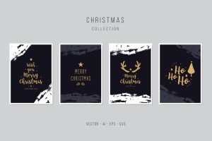鹿角&圣诞树手绘图案圣诞节贺卡矢量设计模板集v2 Christmas Greeting Card Set Vector