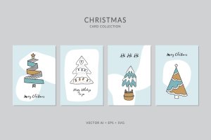 创意圣诞树手绘图案圣诞节贺卡矢量设计模板集v2 Christmas Greeting Card Vector Set