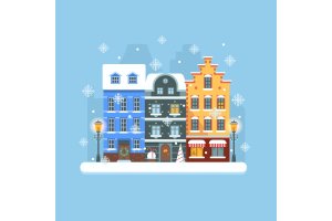 欧洲圣诞节小镇矢量插画素材 Europe Christmas Snow Town Street