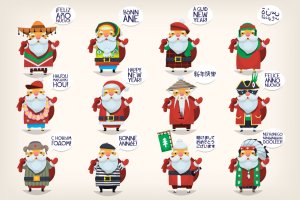 世界各地圣诞老人卡通形象设计矢量素材 Santas of the world