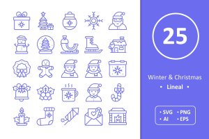 冬天/圣诞节主题矢量线性图标 Winter and Christmas Icons – Line